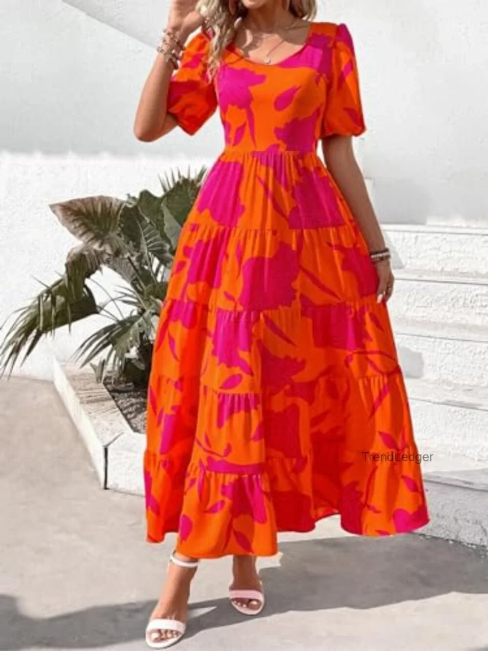 Floral Tiered Maxi Dress Smocked Puff Short Sleeve Square Neck Plus Size